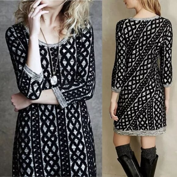 Anthropologie Dresses & Skirts - Anthropologie Moth Size M Black Gray Geo Sweater Stitched Scoop Neck Tunic Dress